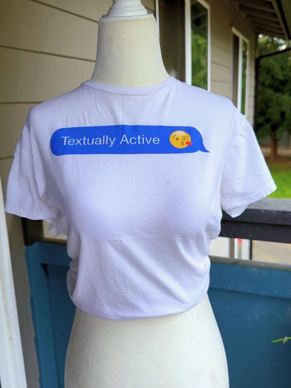 Anvil White Tee with Blue 'Textually Active' Bubble and Kiss Emoji